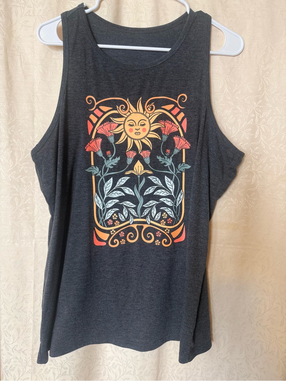 Tank Top, Women’s Extra Large Dark Gray with Vibrant Sun and Floral Graphic Prin